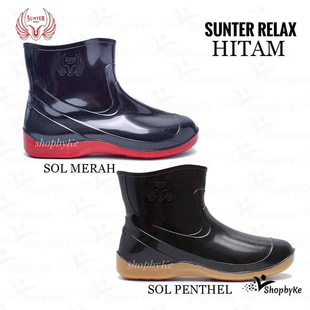 Sepatu Boots Karet Pendek Sunter Relax Hitam Sol Merah dan Hitam Sol Penthel Glossy Mengkilap