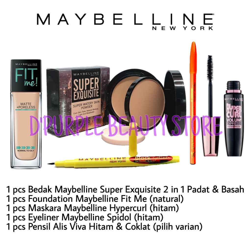 Paket Kosmetik Maybelline Lengkap Murah 5 In 1 -Bedak -Foundaion -Maskara -Eyeliner -Pensil Alis