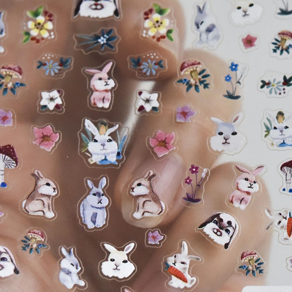 AUGUSTINA Agustina Kuku Decals 3D Wanita Gadis Manikur Aksesoris Musim Semi Air Slide Decals Kelinci Bunga Tanaman DIY Nail Art