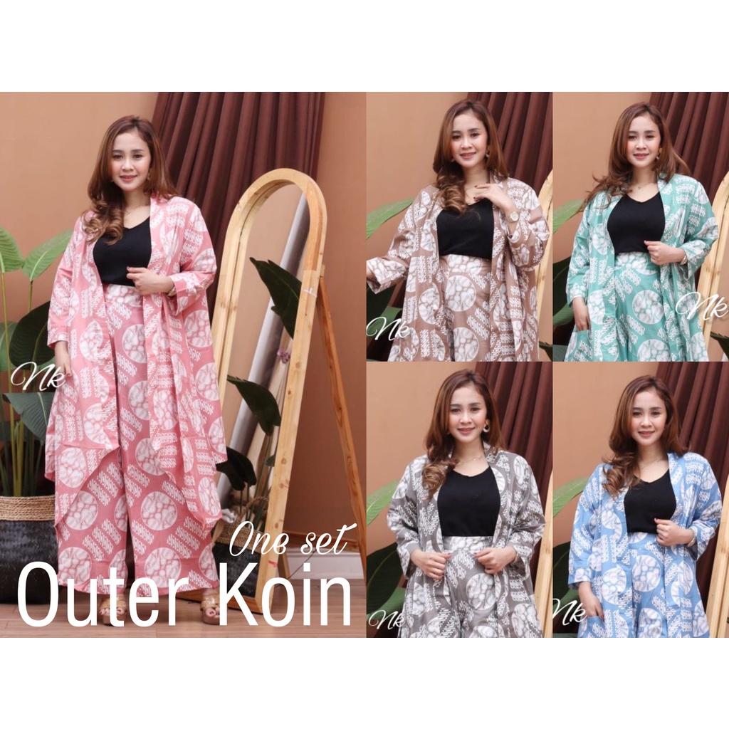 BISA PISAH - One Set Outer Lengan Koin Soft Batik Kekinian Setelan Cardigan Vest Pastel Celana Kulot Panjang Modern Kondangan Cantik Outerwear