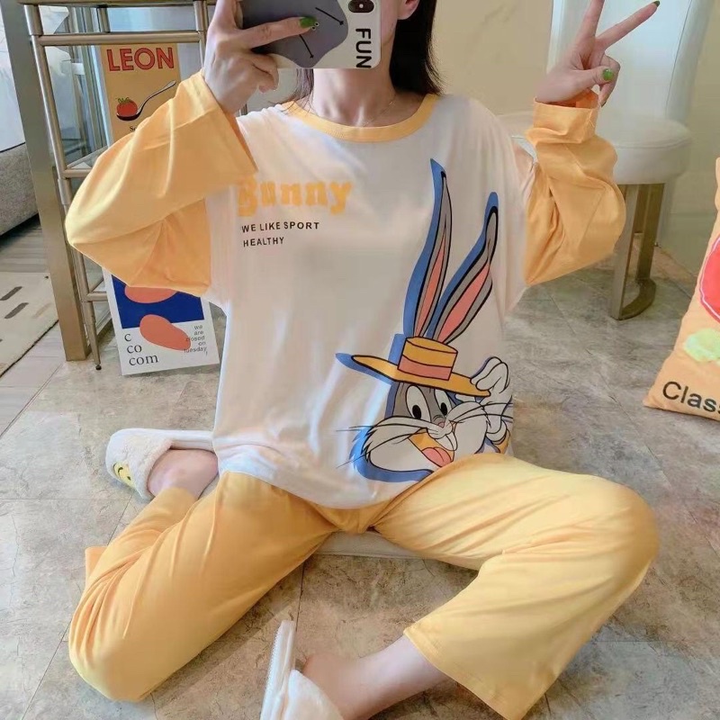 JC- Stelan Import Oversize Premium PP / Stelan piyama import Panjang  / piyama Korea Bigsize Import-Looney Comb YellowPP