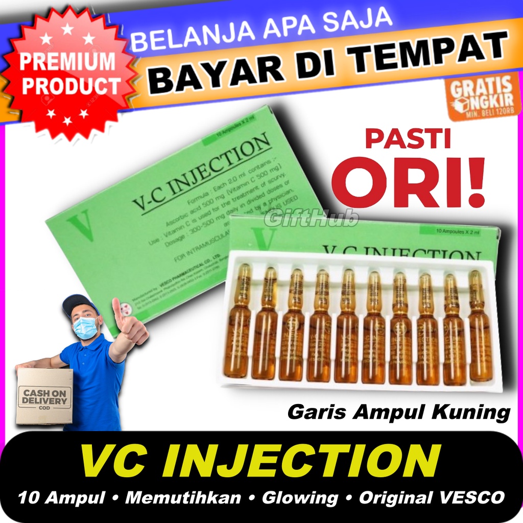 Supplier Vc Injection 1 Box Isi 10pcs atau Ecer 1pcs Garis Kuning Original 100% Vesco Vitamin C Pemutih Kulit Tubuh Wajah Whitening Sudah Terbukti Khasiatnya Anti Aging Anti Penuaan Serum Best Seller Cocok Untuk Semua Jenis Kulit