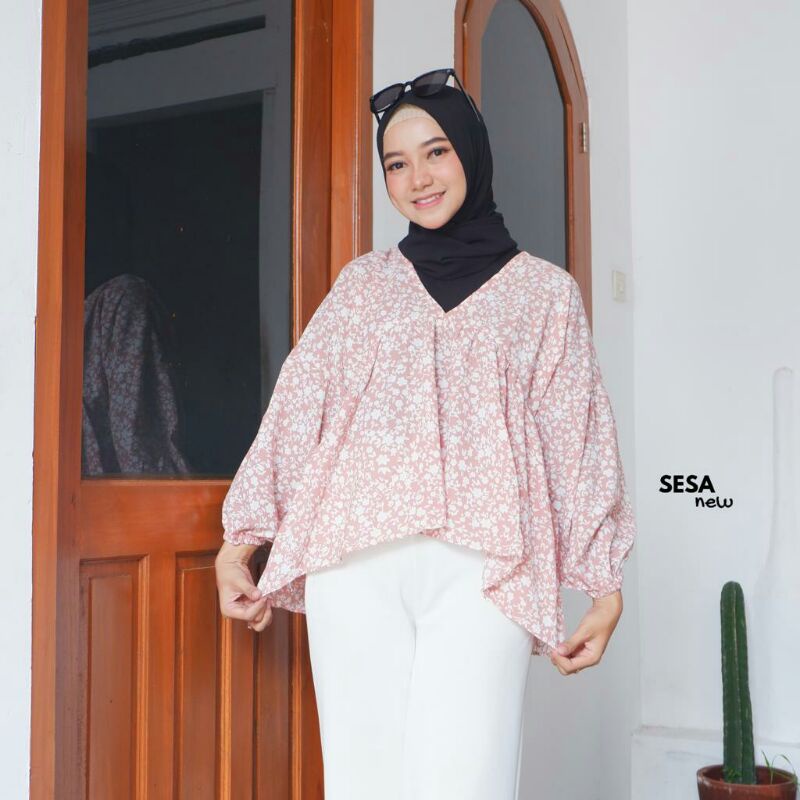 BLOUSE TARTAN LENGAN BALON MIZU KOREAN STYLE | KEMEJA MODEL FLANEL WANITA NUMMA-New Sesa Pink Nude