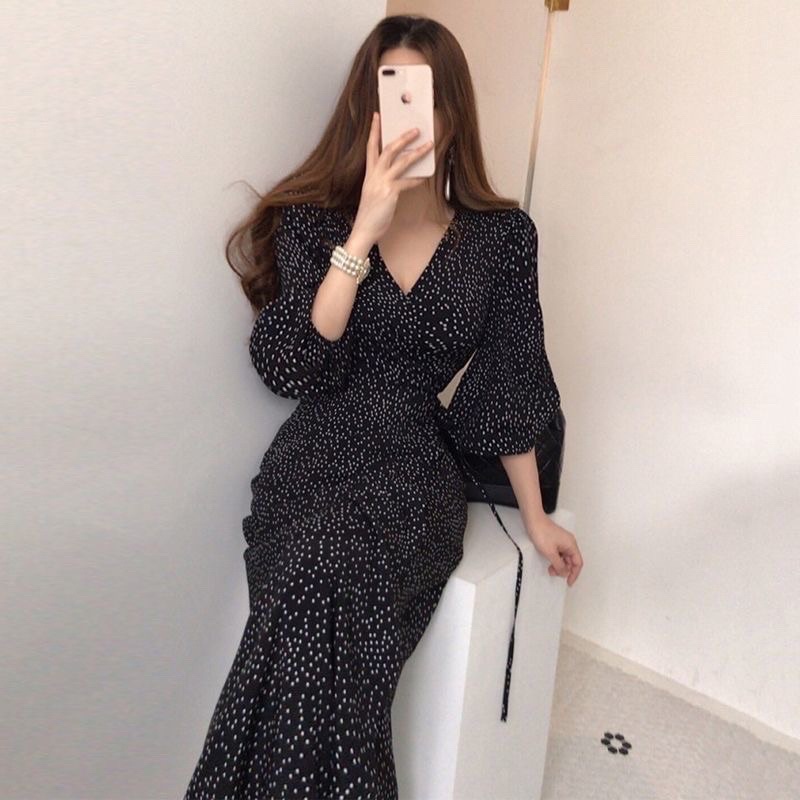 D24/259 maxi dress v neck lengan panjang puffy kimono polkadot / long dress elegant