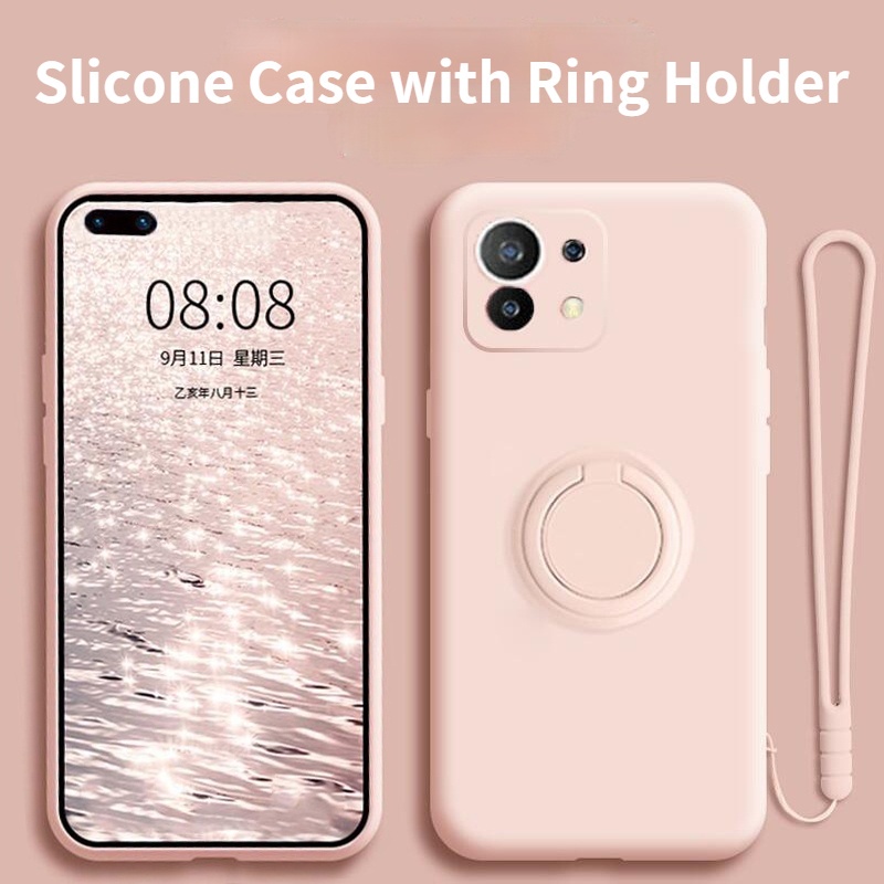 Xiaomi Mi 11 Lite Case Ring FREE LANYARD TALI Holder Liquid Silicone Case Full Casing Cover