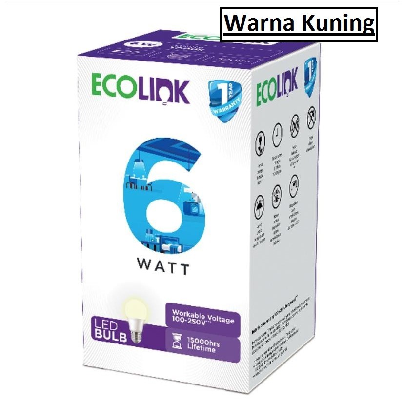 Lampu Bohlam LED Bulb 6 Watt Kuning( Warm White ) &amp; Putih ( Cool Daylight ) ECOLINK