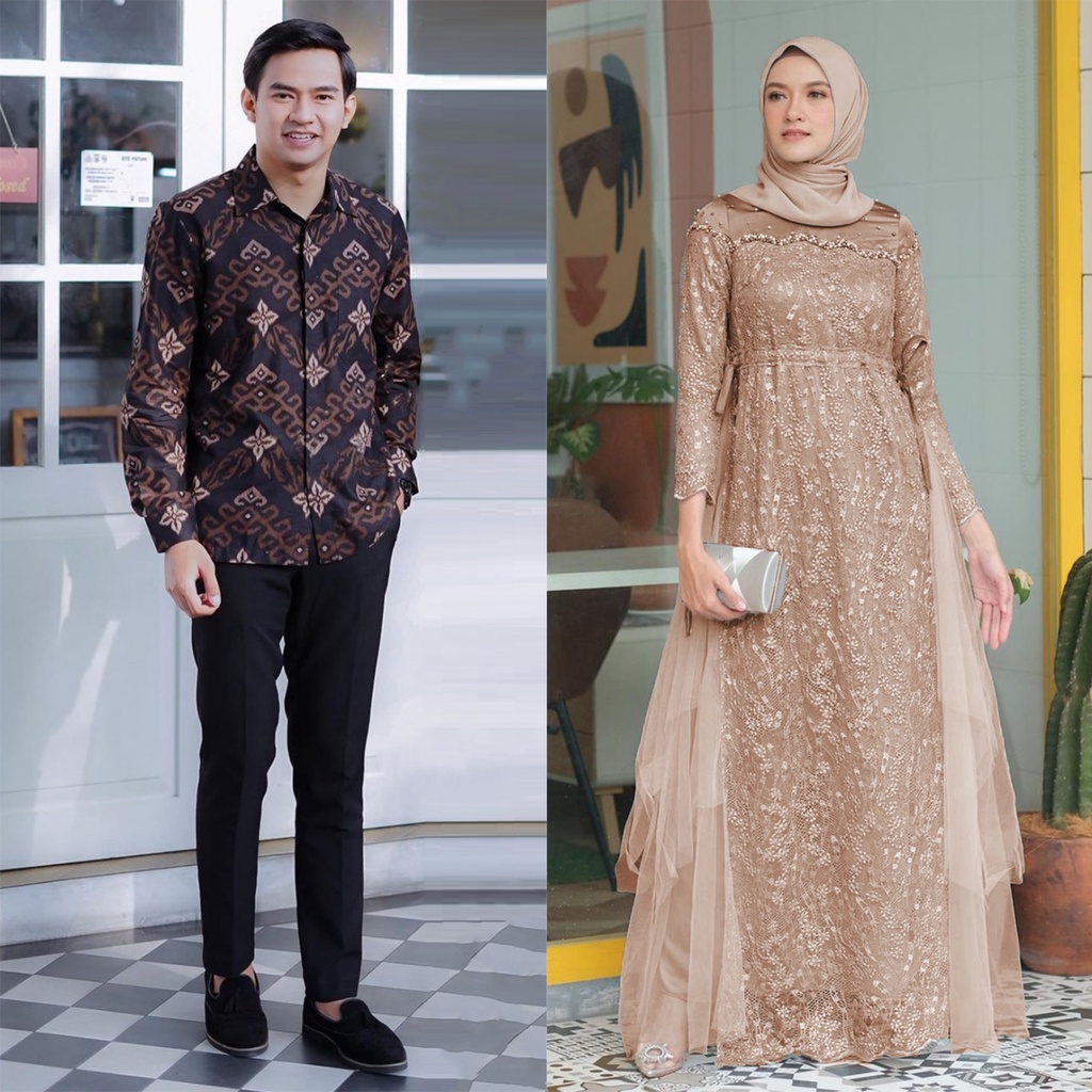 GAMIS BRUKAT COUPLE - Gamis Brukat Maxi Dress Auliya Lengan Panjang Baju Kondangan Wanita Kekinian Dress Bridesmaid Brukat Tulle Mix Payet Mutiara Gamis Lebaran 2023