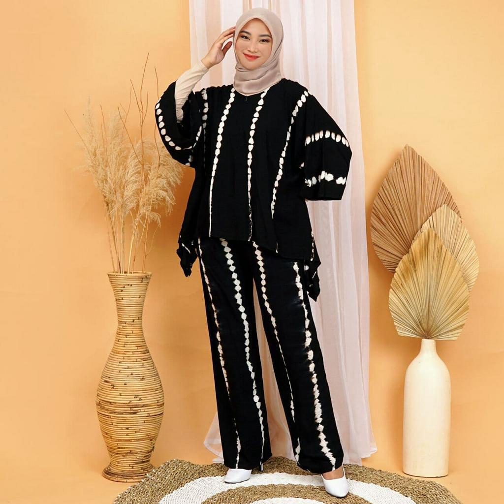 One Set Wanita Jumbo Rayon Tie Dye Premium Setelan Wanita Batik Lengan 7/8 Set Celana Kekinian LD 140 cm