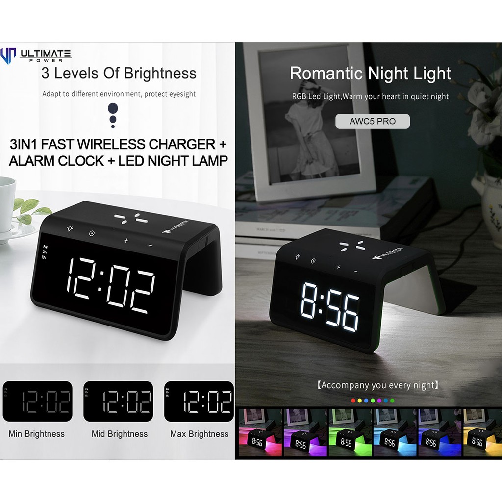 Wireless Charger + Alarm Clock + LED Night Lamp 3in1 Ultimate Power  Fast  AWC5 PRO as