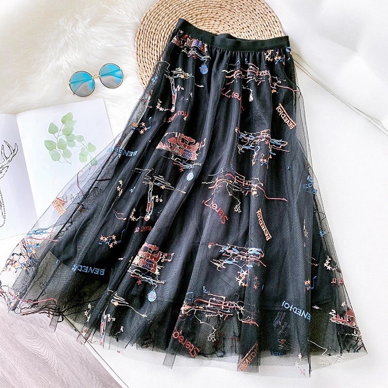 Rok Tutu Panjang Motif / Tutu Maxi Skirt Graffiti Printing Import 3 Layers - KLV Store-3