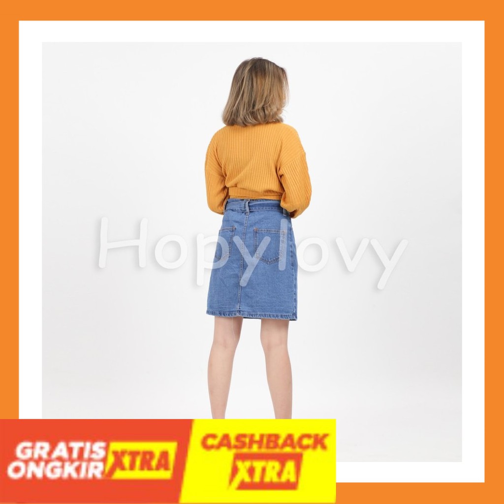 BUAT SANTAI WFH KERJA CASUAL ANAK MURAH NEW ORIGINAL/ HOPYLOVY - Rok Jeans Midi Wanita Yuan