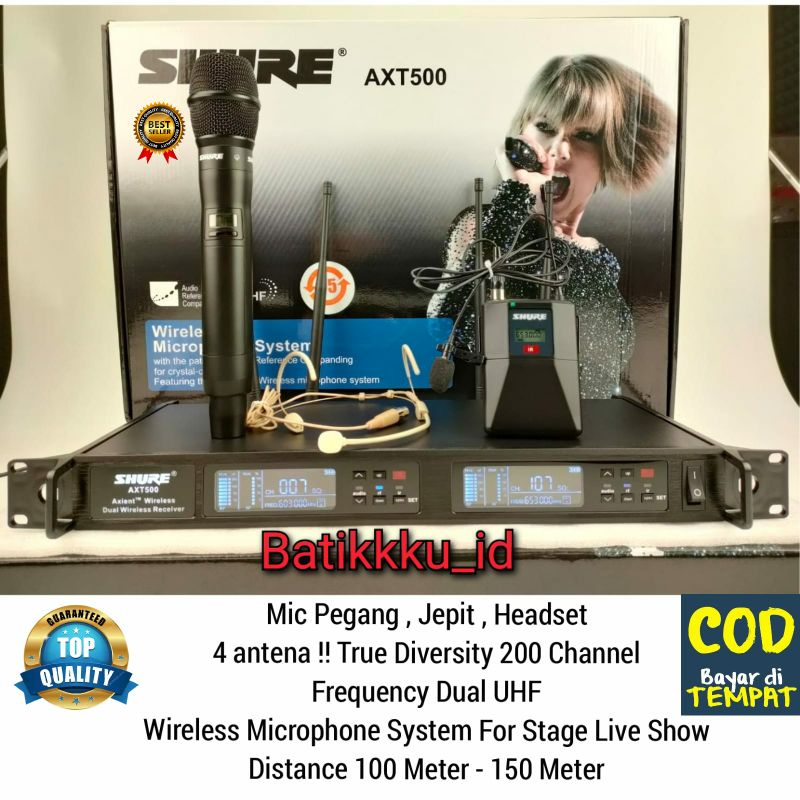 MIC WIRELESS SHURE AXT500 / AXT 500 FOR LIVE STAGE PERFORMANCE 1 MIC PEGANG + 1 MIC JEPIT HEADTSET