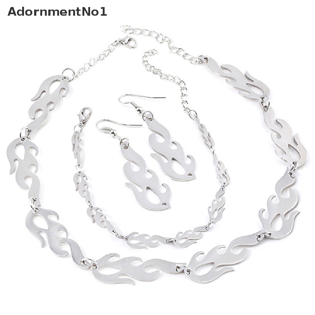 (AdornmentNo1) Kalung Choker + Gelang Tangan Rantai Metal Gaya Punk Hip Hop Motif Api Untuk Perhiasan Wanita