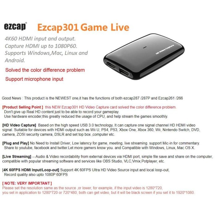 EZCAP 301 Game capture Live Video Streaming Grabber Box HD60 HDMI USB