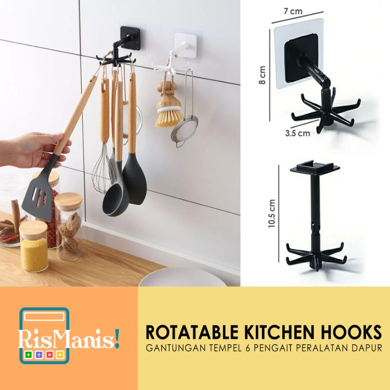 ROTATABLE KITCHEN HOOKS - Gantungan Dapur Tempel Rotasi 6 Pengait Unik Alat Masak Perlengkapan Dapur