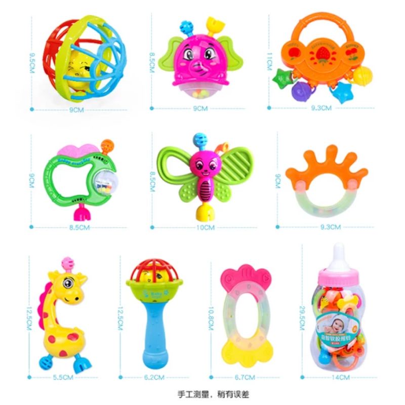 9in1 Rattle Teether Bayi Set Kado Dengan Botol Susu Besar