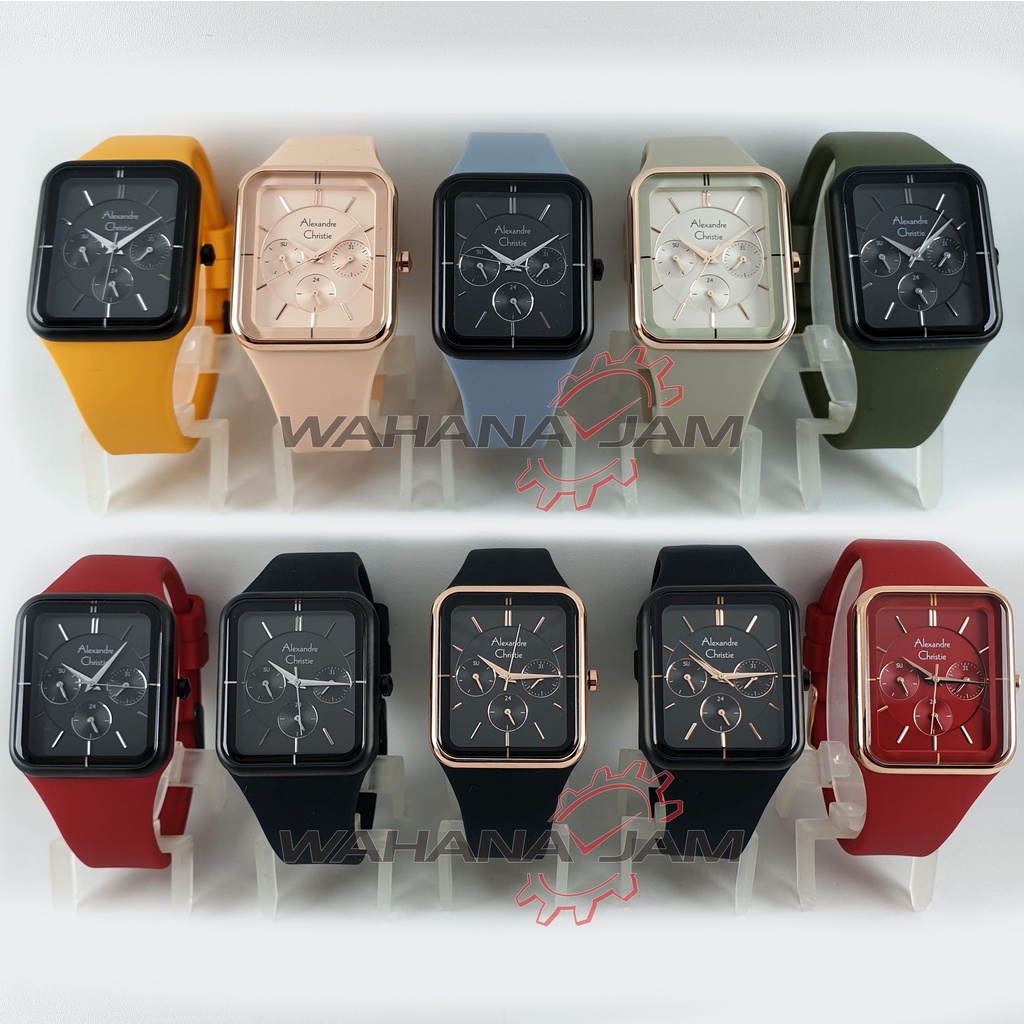 Alexandre Christie AC 2744 BF / Jam Tangan Wanita AC2744 Karet Kotak Rubber Rosegold Hitam Peach Red