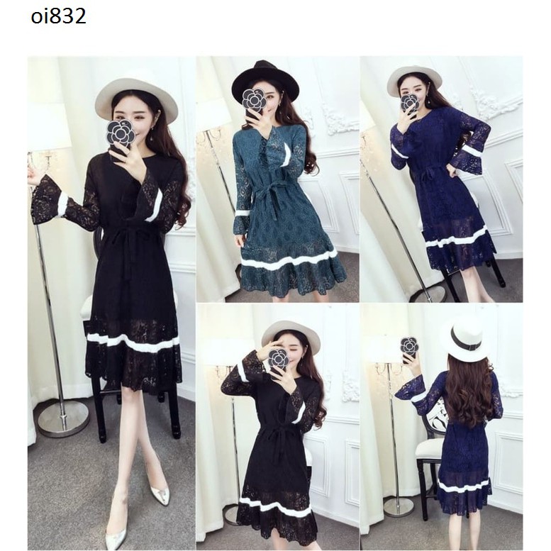 oi832- baju terusan wanita dress brokat hitam-hijau-navy import