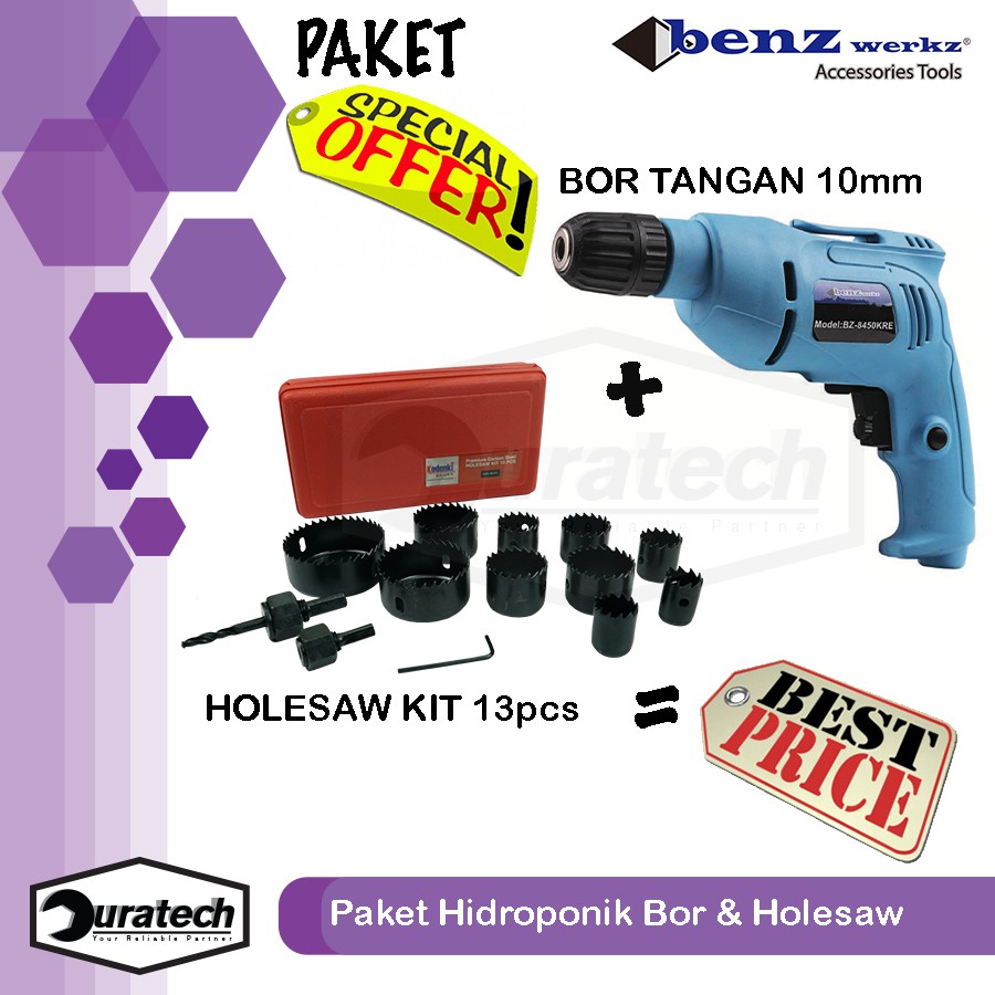 Paket hidroponik mesin bor listrik 10mm keyless dan hole saw set kit 13 pcs