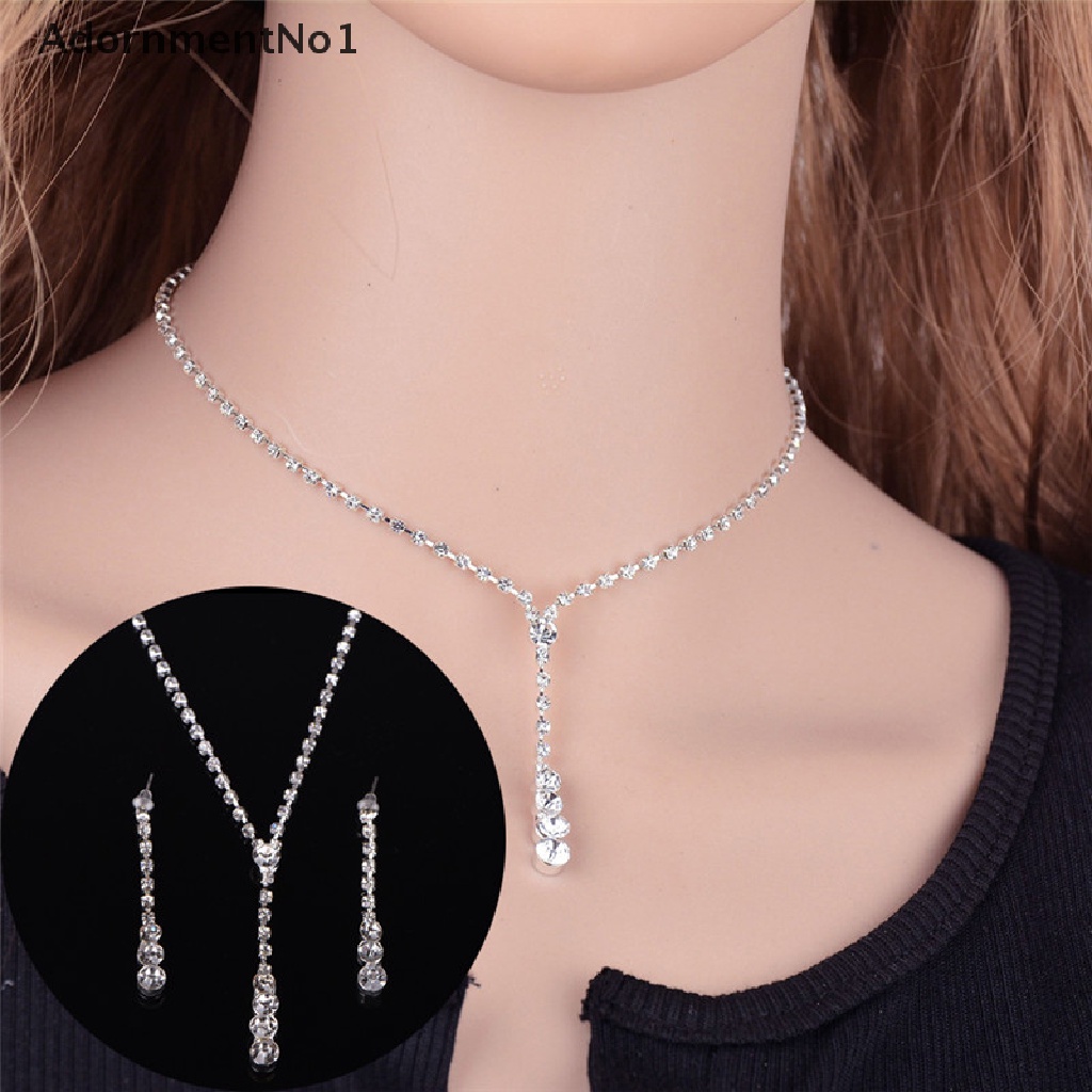 (AdornmentNo1) 1 Set Kalung + Anting Gantung Panjang Tusuk Motif Tetes Air + Kristal + Berlian Imitasi Untuk Wanita / Pernikahan