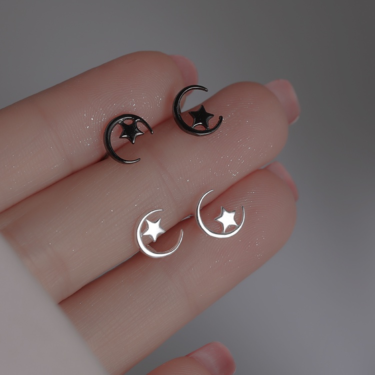 Anting Stud 925 Sterling Silver Needle Bentuk Bulan Bintang Gaya Korea Untuk Wanita