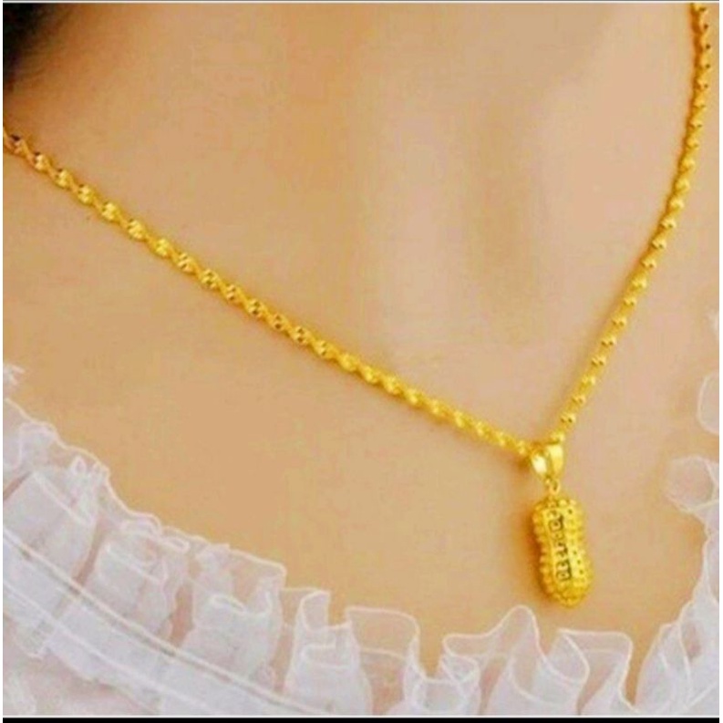 kalung melintir titanium liontin kacang lapis emas 24 K anti karat anti luntur