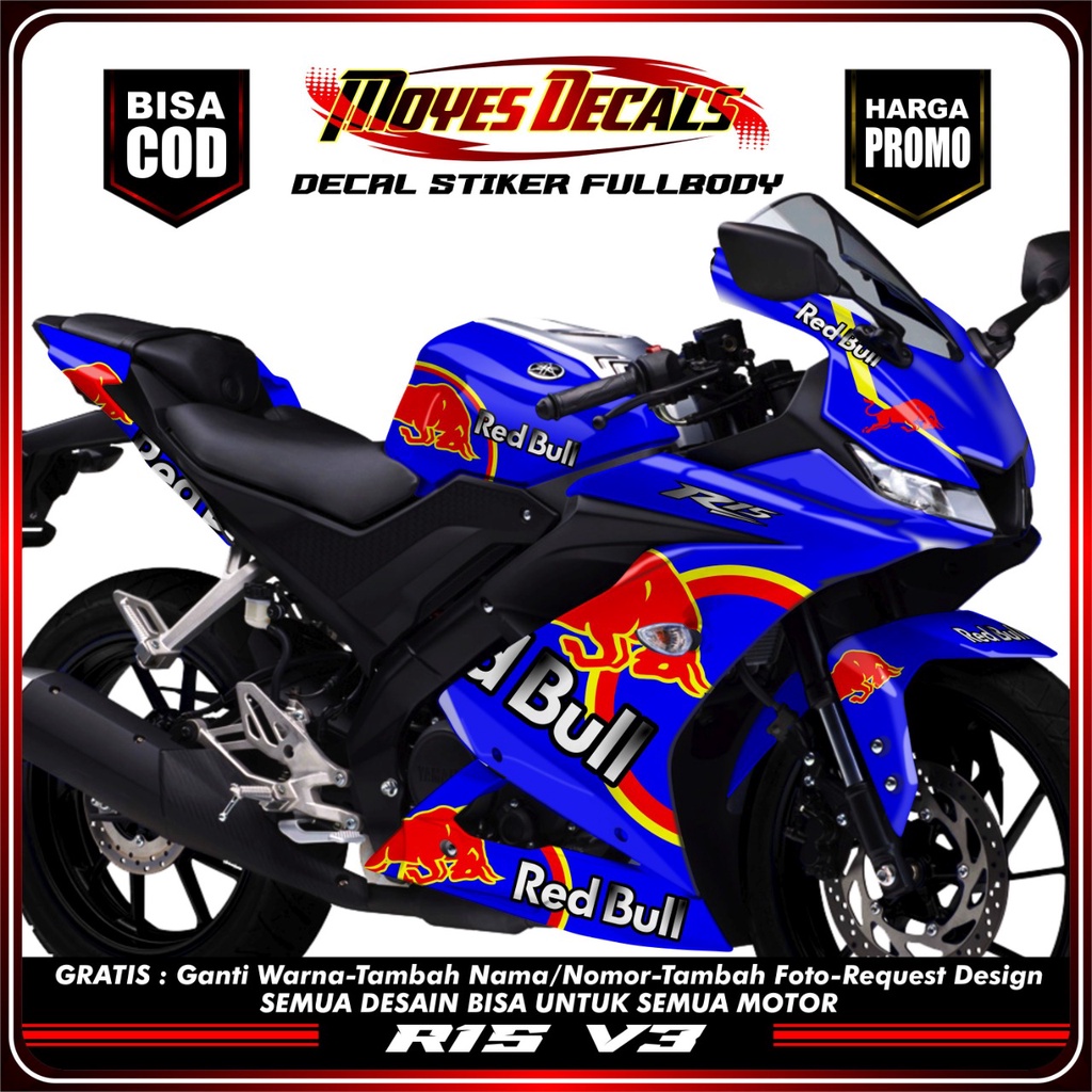 Decal R15 V3 Full body  - Motif Red Bull Racing Team Biru - Decal Motor r15 v3 fullblody - Decal Sti