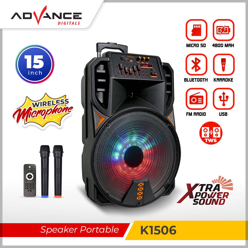 【READY STOCK】 Advance K1506 Speaker Bluetooth Meeting 15 Inch Free 2 Mic Wireless New Xtra Power Sound Tws Function Woofer + Tweeter Garansi 1 Tahun