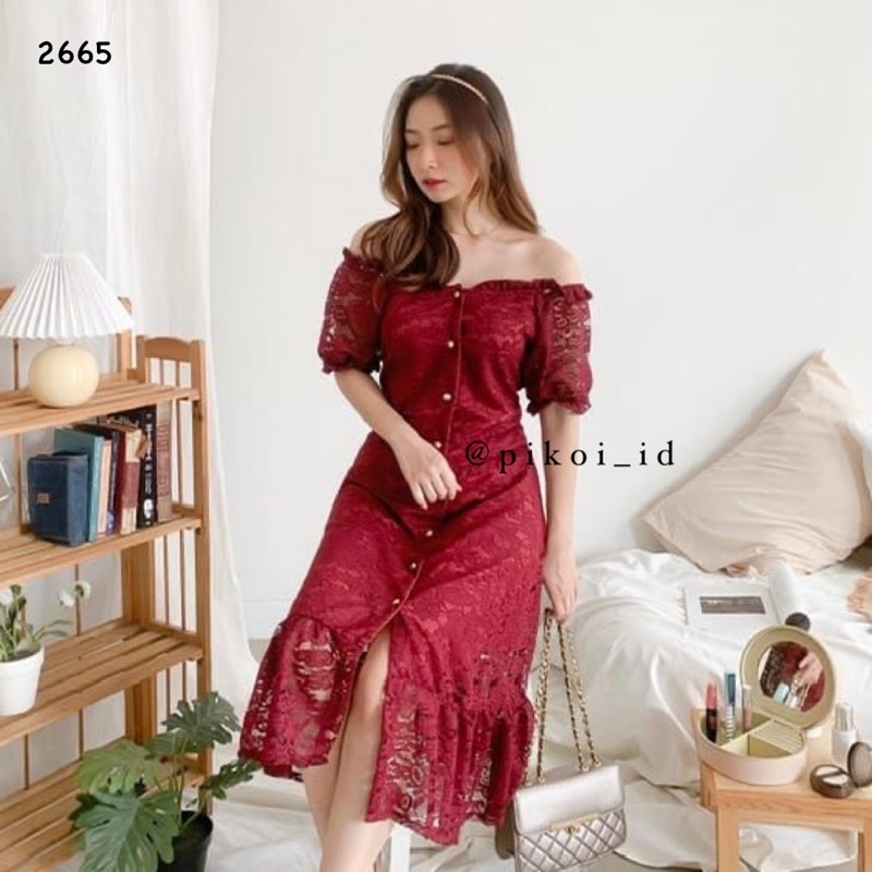 Dress brukat cheongsam merah pesta imlek / dress brokat furing cny sincia / dress korean style 2665