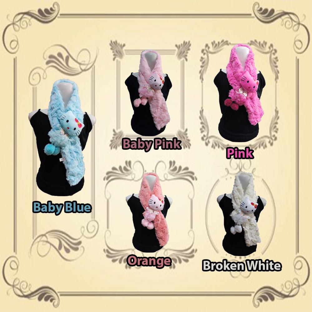 Syal Anak Bulu Aplikasi Boneka Kucing - Biru/Pink/Baby Pink/BW/Orange