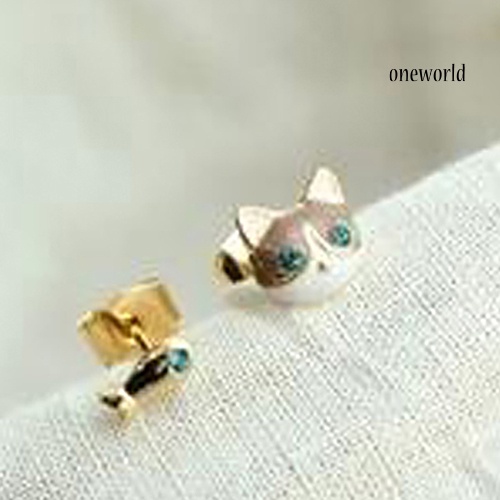 OW@ 1 Pair Korean Women Cute Cat Fish Rhinestone Stud Earrings Fashion Jewelry