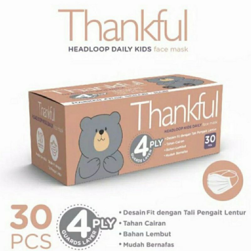 PROMO Masker THANKFUL HEADLOOP 4ply KIDS Eceran PUTIH