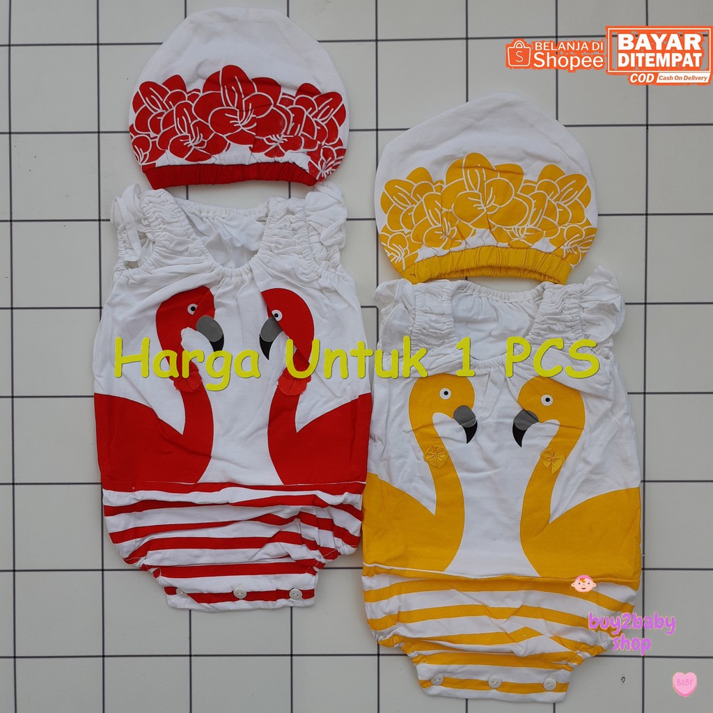 Romper pendek couple Swan series plus topi bayi cewek 0-3 Bulan 1 PCS