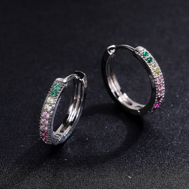 Bright Multi Color CZ Circle Earrings Hoops Silver Color Simple Stylish Women Earrings Wedding Engagement Party Jewelry