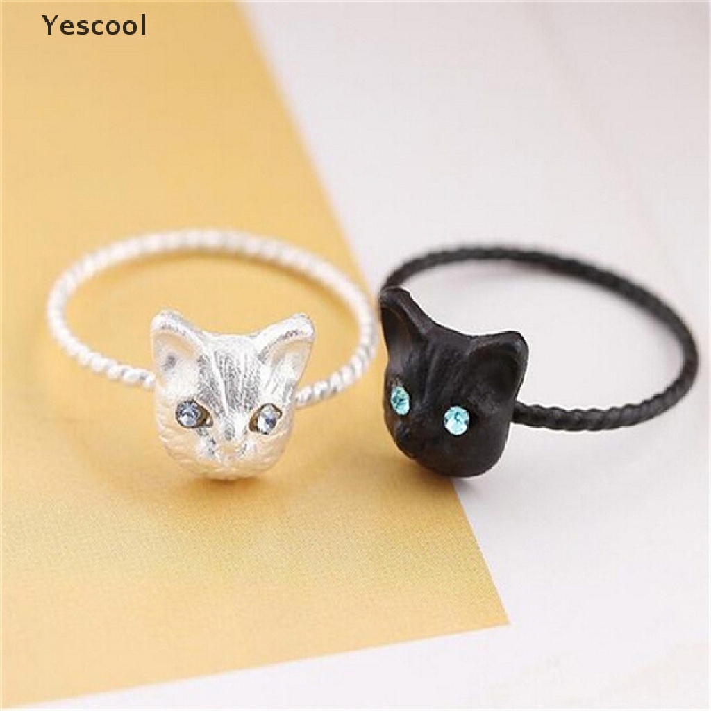 Yes 1Pc Cincin Bentuk Kucing Mini Aksen Berlian Imitasi Warna Goldsilverhitam Untuk Wanita