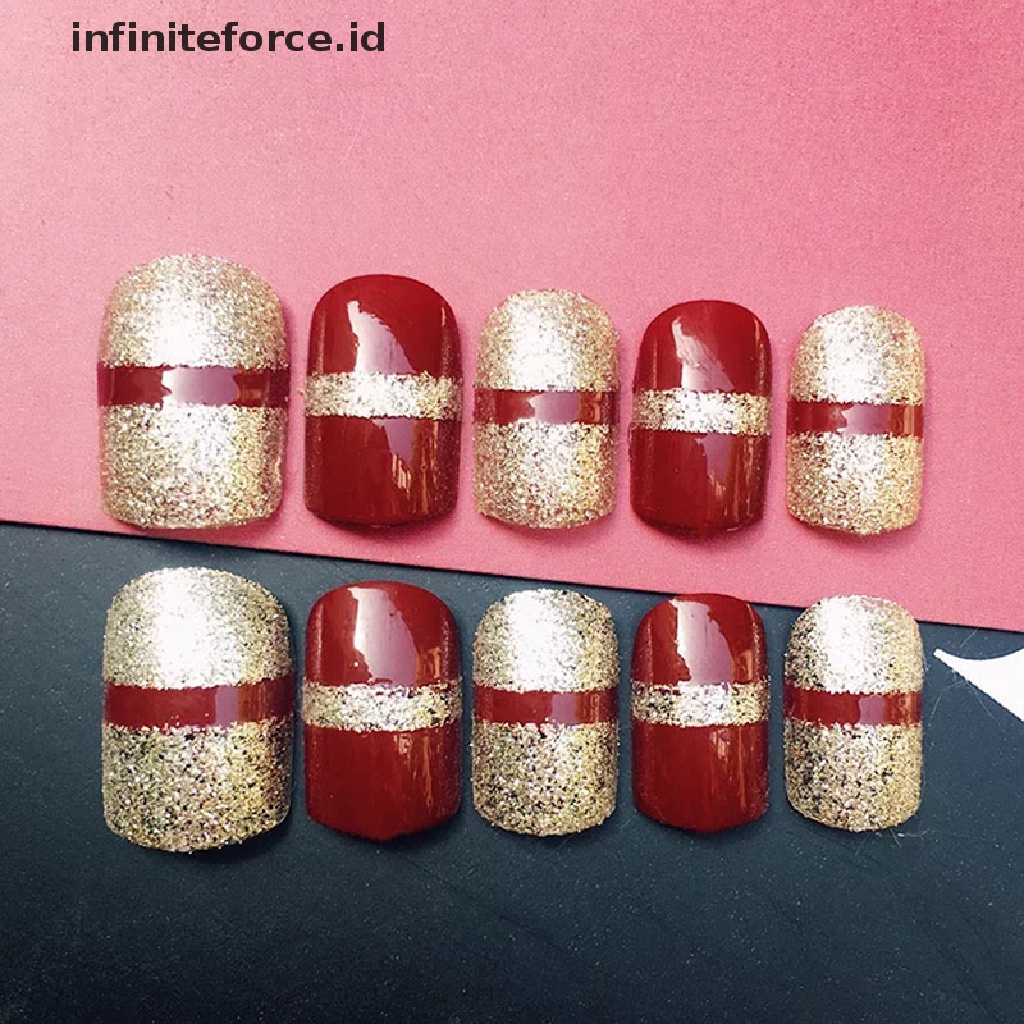 Infiniteforce.id 24pcs / Set Kuku Palsu Full Cover Motif Garis Merah Wine Aksen Glitter Untuk Nail Art