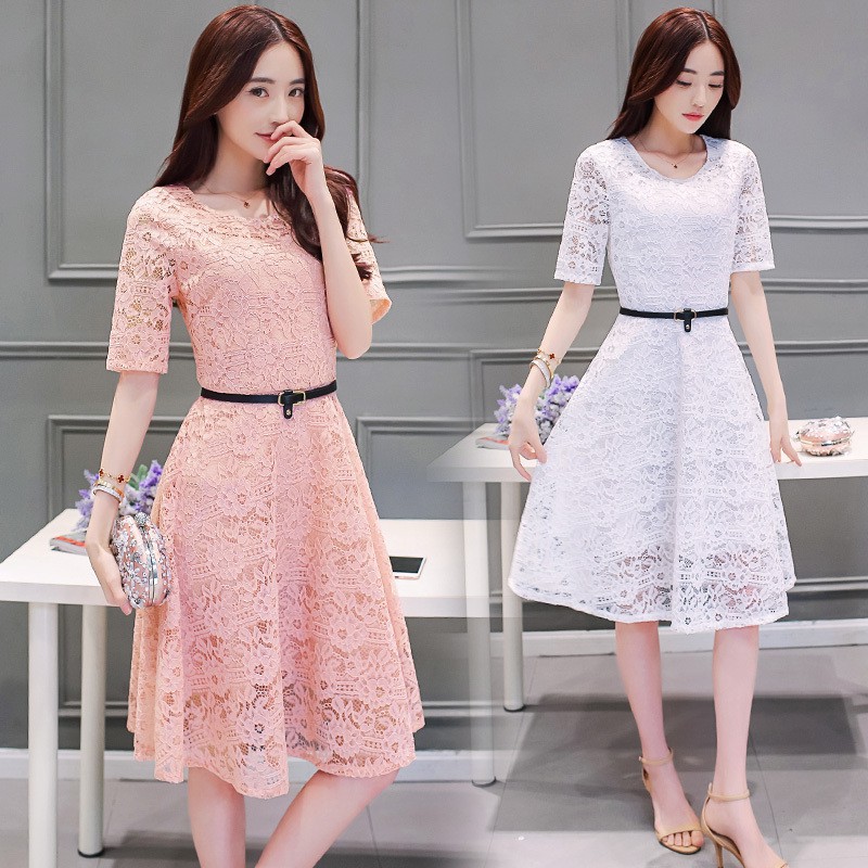 Dress Midi Casual Gaya Korea Warna Pink Hitam Bahan Lace untuk Wanita