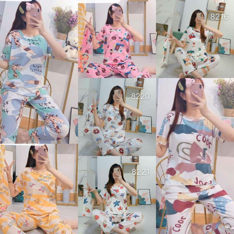 ONESET Baju Tidur Piyama Wanita Import spandek lengan pendek(free pouch serut)