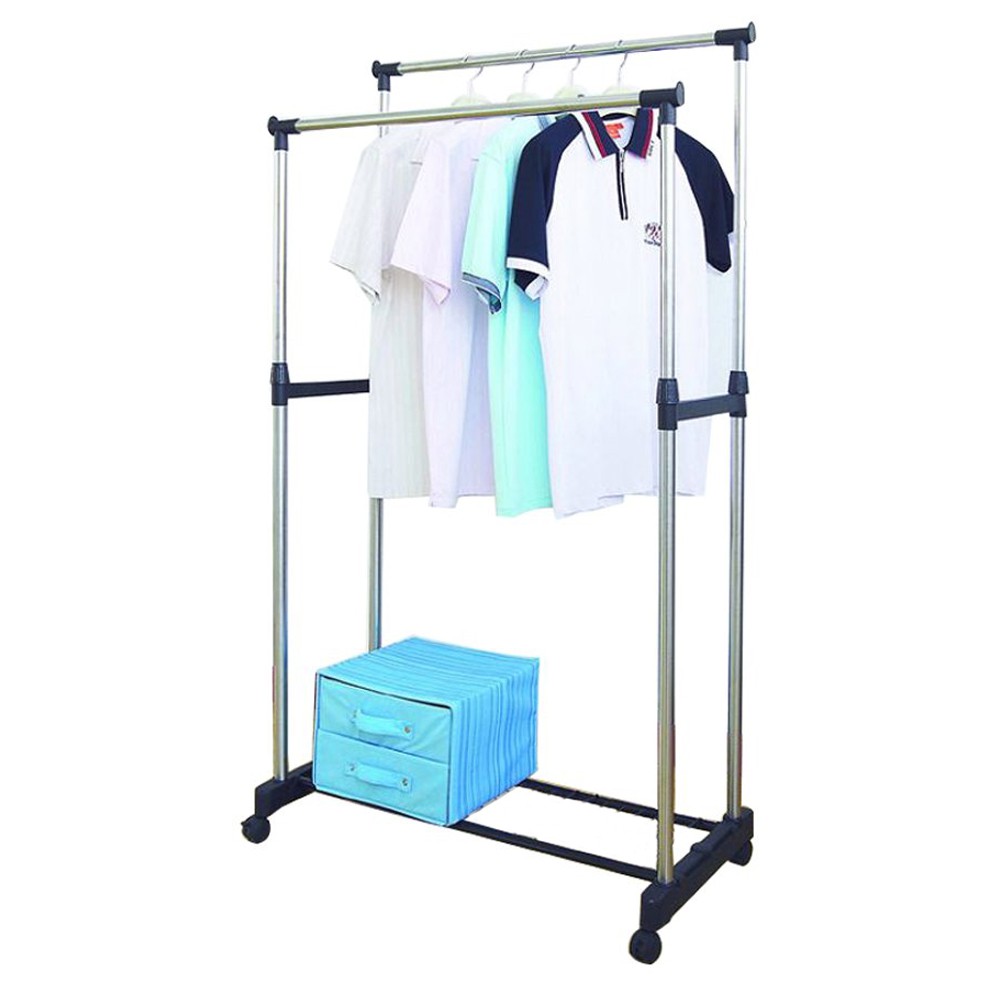 Rak Gantungan Baju Double Rod Rack Stainless + Roda