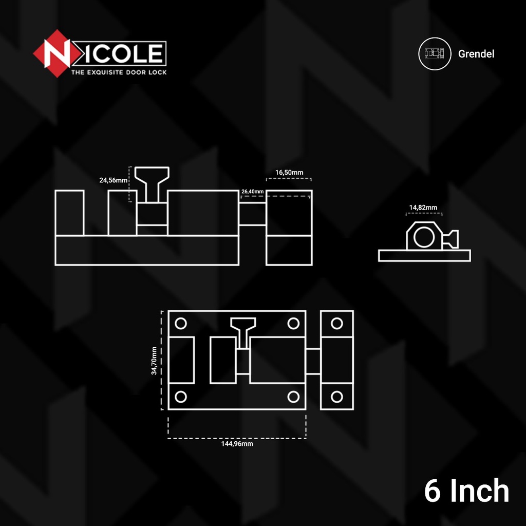 Nicole Grendel Slot Pintu Bulat Segi 6 / Hexagon Door Bolt Black/ 6 Inch
