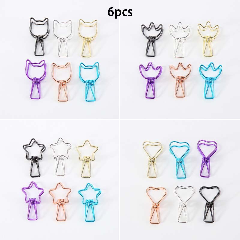 6pcs / Set Klip Binder Bentuk Hati / Bintang / Bunga Hollow Out Bahan Metal Untuk Kantor