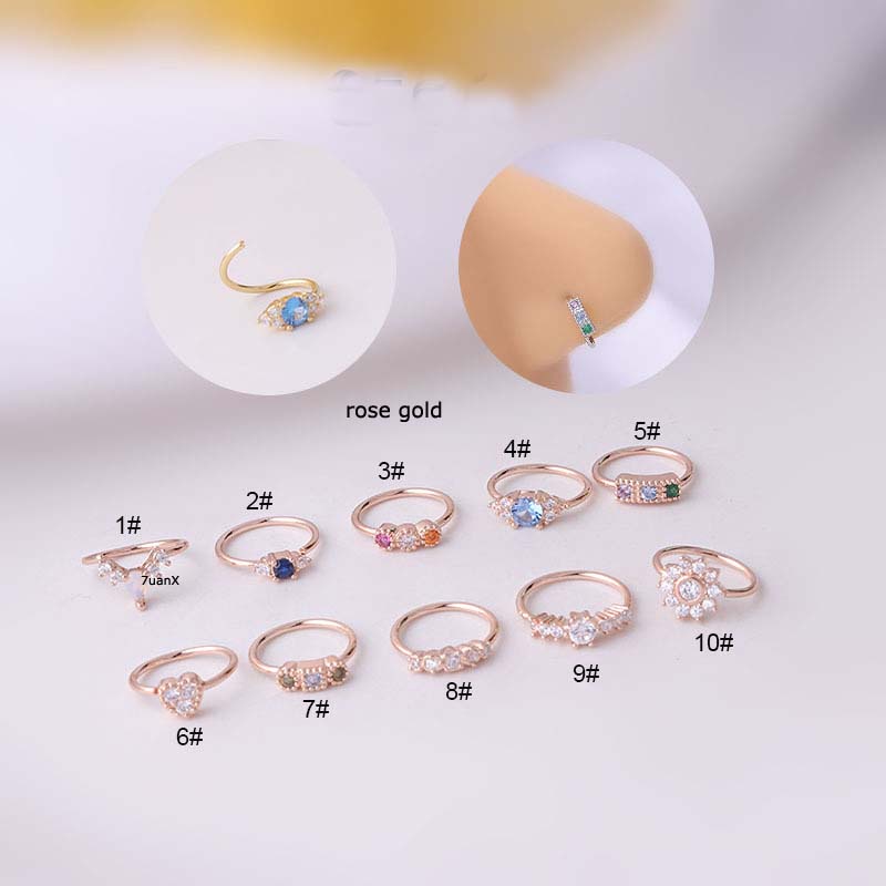 1pc Anting Tindik Hidung Tanpa Kunci Bentuk Hoop 8mm 20gauge Bahan Tembaga Hias Zircon