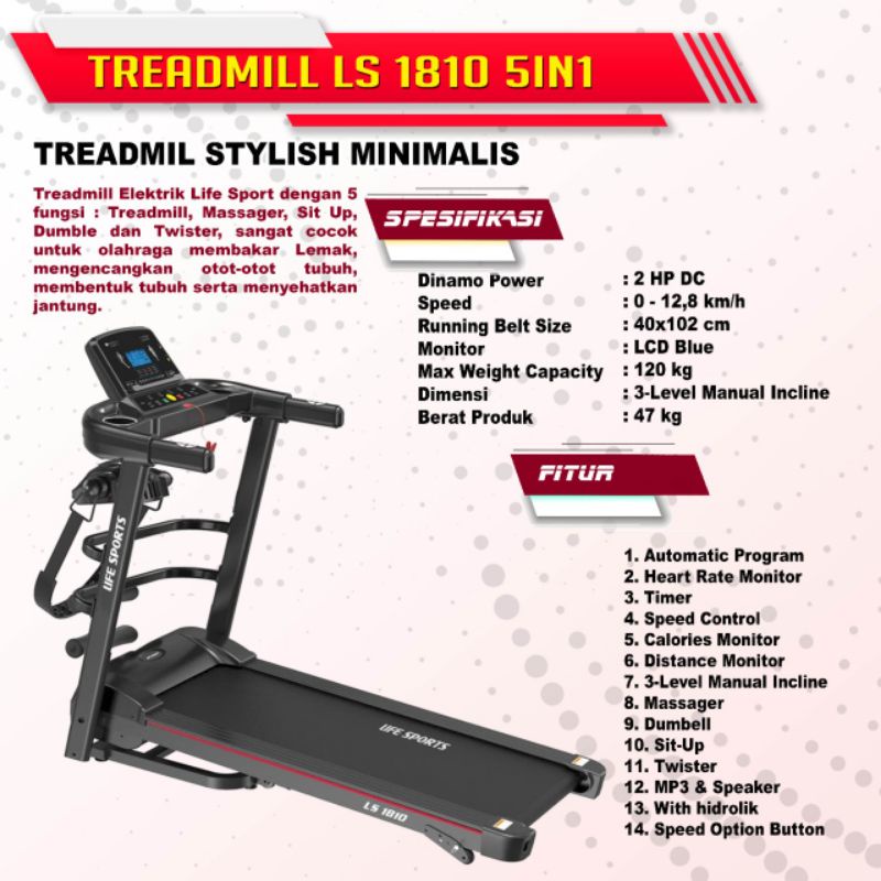 TREADMILL ELEKTRIK LS 1810 LIFE SPORT TREADMILL 3 FUNGSI