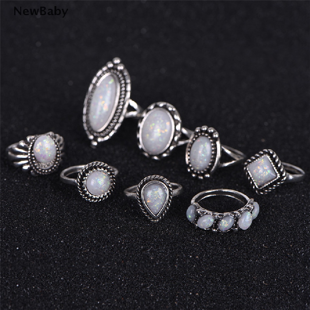 NewBaby 8PCS/Set Ring Silver White Fire Opal Ring Wedding Engagement Ring Women Jewelry ID