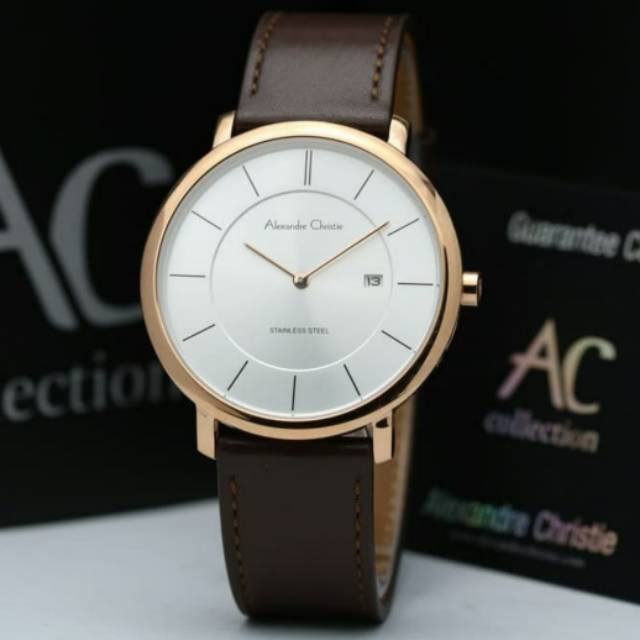 jam tangan pria Alexander Cristie ORIGINAL ac8589 rosegold plat putih