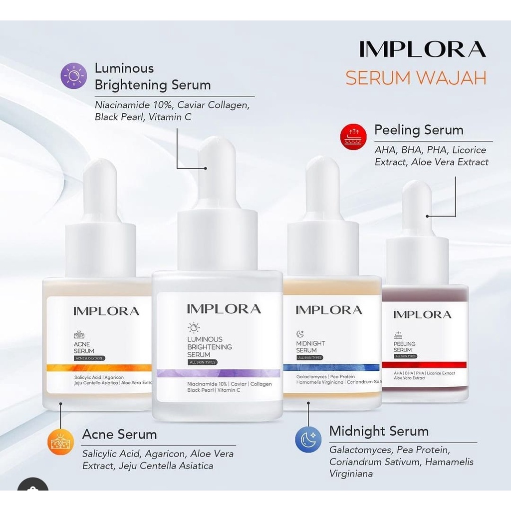 Implora Face Serum Wajah Luminous Brightening Acne Midnight Peeling BPOM