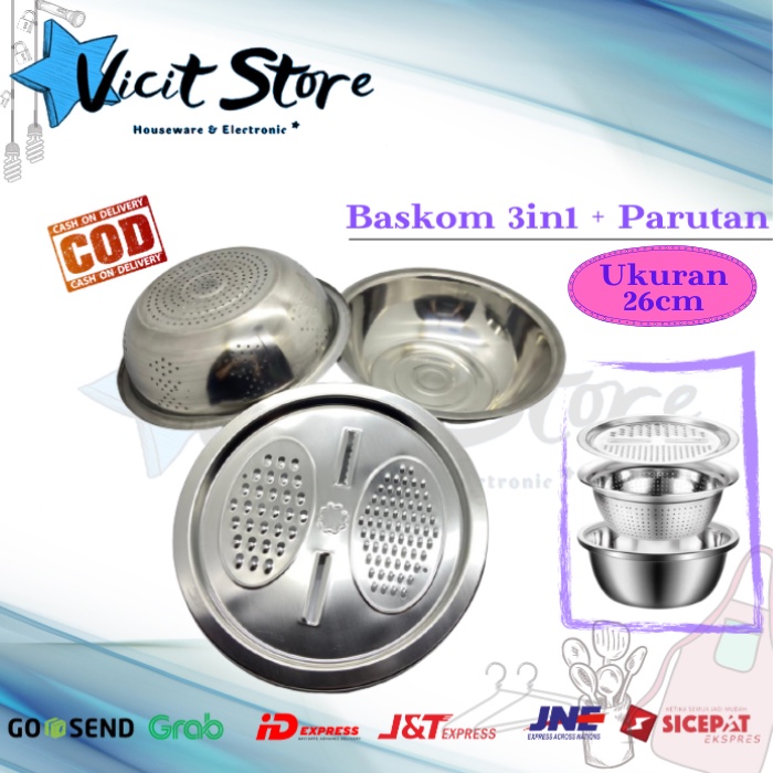 Baskom Stainless 3in1 Parutan / Saringan / Wadah Sayur 26cm