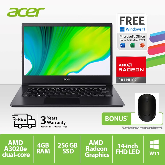 JUAL ACER ASPIRE 3 A314-22-A667 NX.HVVSN.00Z A3020E/4GB/256GB/14.0 FHD IPS/WIN11+OHS2021/BLACK