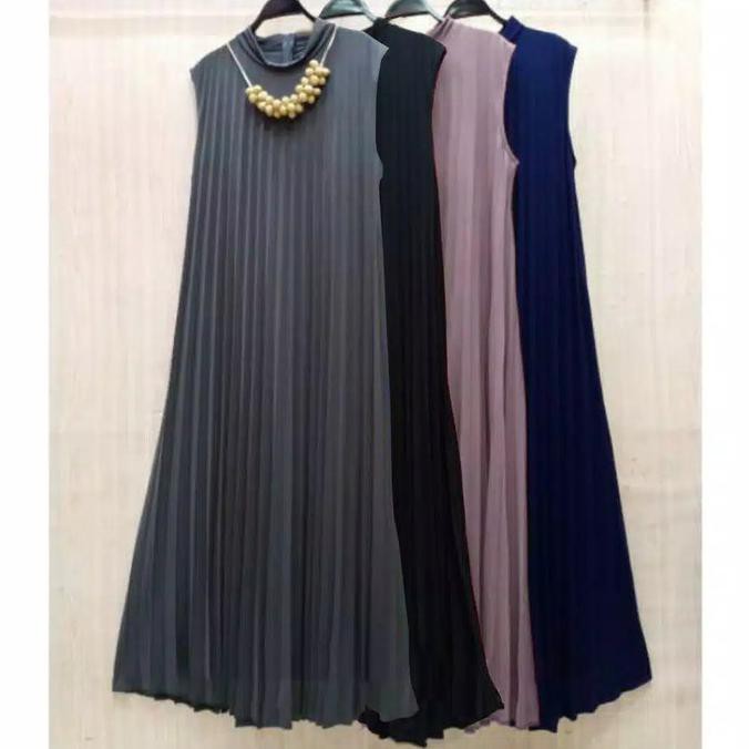 ( BISA COD ) Baju Gamis Wanita Plisket Maxy Lengan Buntung/Tanpa lengan/Gamis kensi - NAVY DISKON