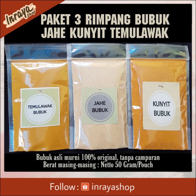 

PAKET 3 RIMPANG BUBUK (JAHE-KUNYIT-TEMULAWAK ) MURNI TANPA CAMPURAN/ JAMU EMPON EMPON/ REMPAH JSR